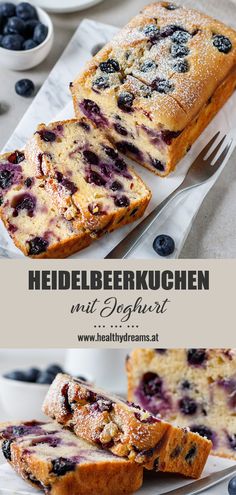 blueberry bread is cut into slices and served on a white plate with a fork