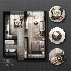 an overhead view of a living room, dining room and kitchen area in a one bedroom apartment