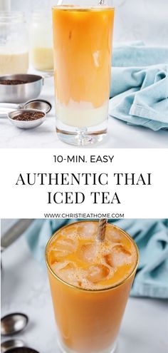 an orange drink in a tall glass with the words authentic thai iced tea