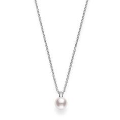 This simple and stylish pearl necklace is from Mikimoto, the world's preeminent pearl purveyor. Crafted in 18K white gold, it features a smooth, round 8.5mm A+ Akoya pearl with a wonderful luster, hanging from a precious metal chain. This Mikimoto necklace is a classic piece of jewelry that's completely at-home in today's contemporary world! Modern Silver Pearl Chain Necklace, Modern White Pearl Chain Necklace, Modern Silver Pearl Necklace With Charm, Modern Pearl Necklace For Formal Occasions, Pearl White Akoya Pearl Necklace With Pendant, White Akoya Pearl Necklace With Pearl Pendant, Modern White Gold Akoya Pearl Jewelry, Minimalist Akoya Pearl Round Necklace, Modern White Gold Jewelry With Akoya Pearl