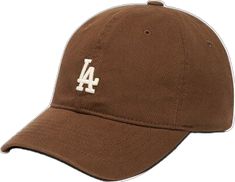 a brown baseball cap with the los angeles dodgers logo in white embroidered on the front