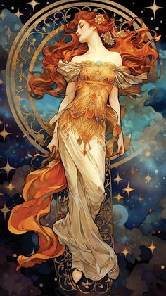 a painting of a woman with long red hair standing in front of a star filled sky