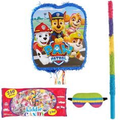 the paw patrol pinata party kit includes balloons, eye glasses and candy