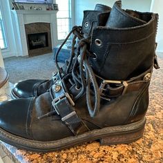 Free People Moto Boot. Black, Size 39. Black High Ankle Moto Boots With Rubber Sole, Edgy Lace-up Leather Moto Boots, Black Ankle Moto Boots With Lug Sole, Black Moto Boots With Lug Sole, Black Moto Boots With Rubber Sole For Fall, Black Lace-up Punk Moto Boots, Black Moto Combat Boots With Round Toe, Black Ankle-high Moto Boots With Leather Sole, Black Leather Footbed Combat Ankle Boots