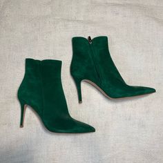 Purchased Brand New In Paris Never Worn Beautiful Very Well Constructed Booties. Eye Catching Green Suede. Purchased For $795 Elegant Green Heels For Fall, Elegant Green Heeled Boots For Party, Chic Green High Heeled Boots, Elegant Green Heeled Boots For Fall, Elegant Green Boots For Party, Chic Green Pointed Toe Heeled Boots, Green Ankle-high Formal Boots, Elegant Green Pointed Toe Boots, Elegant Suede Booties