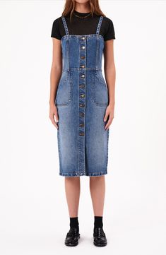 Burnished buttons down the front maintain the classic style of this sleeveless midi dress fashioned from medium-wash denim. Front button closure Square neck Front and back patch pockets Unlined 99% cotton, 1% elastane Machine wash, line dry Imported Cotton Denim Midi Dress With Button Closure, Cotton Midi Denim Dress With Button Closure, Spring Knee-length Denim Dress With Snap Buttons, Elegant Ribbed Collar Top, Button-up Denim Midi Dress With Buttons, Denim Blue Knee-length Dress With Buttoned Pockets, Washed Blue Midi Denim Dress With Pockets, Classic Medium Wash Denim Dress For Spring, Denim Blue Dress With Buttoned Pockets