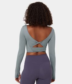 U-Neck Thumb Hole Backless Twisted Cropped Sports Top – HALARA Neck Yoga, Yoga Travel, Pilates Yoga, Backless Top, Bleach Wash, Cut Out Design, U Neck, Yoga Tops, Sports Top