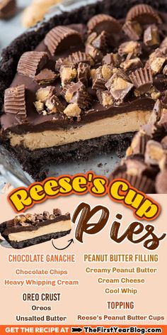 an advertisement for reese's cup pies with chocolate and peanut butter filling on top