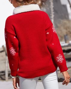 Size: S,M,L,XL;Style:ChicType:SweaterMaterial:PolyesterNeckline:Peter Pan CollarSleeve Style:Long SleeveLength:RegularPattern Type:Christmas,ColorblockDecoration:OthersFit Type:RegularOccasion:ChristmasPackage Include:1*SweaterFabric Elasticity:Medium StretchSheer:NoCare Instructions:Hand wash or dry clean Christmas Package, Turtleneck Tank Top, Lantern Sleeve Dress, Chic Type, Snowflake Pattern, Sweater Material, Mid Length Dresses, Winter Sweaters, Formal Shirts