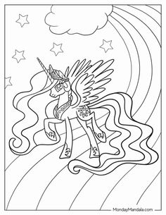 a coloring book page with an image of a unicorn on the top of a rainbow