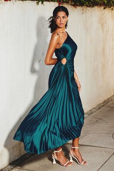 Midi dress Pleated One shoulder Side cutout Asymmetrical hem Side zipper Simple Studs, Asymmetrical Maxi Dress, Asymmetrical Midi Dress, Exclusive Dress, Pleated Maxi Dress, Pleated Fabric, Pleated Maxi, Maxi Dresses Casual, Asymmetrical Design