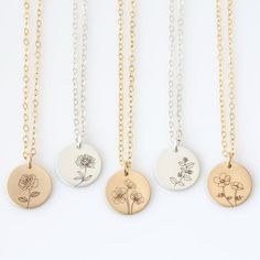 Keep your little ones close to your heart with this Personalized Birth Flower Necklace! Its great for layering, a wonderful minimalist piece, perfect gift for your wife, girlfriend, Mothers Day gift or simply to treat yourself! Engraved and hand assembled with care and love, it comes in 14k gold Birth Flower Necklaces, Minimalist Hand Stamped Charm Necklace As Gift, Minimalist Flower Pendant Jewelry For Mother's Day, Dainty Birth Flower Charm Necklaces, Dainty Birth Flower Charm Necklace With Flower Pendant, Dainty Birth Flower Charm Necklace, Dainty Everyday Charm Necklaces For Mother's Day, Minimalist Tiny Charm Necklaces For Mother's Day, Delicate Everyday Charm Necklaces For Mother's Day