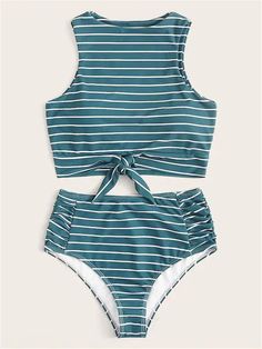 knot front top with dot high waist bikini set - STRIPED TURQUOISE TOP AND BOTTOM Knot Front Top, Turquoise Top, High Waisted Tankini, Green Swimsuit, 2 Piece Swimsuits, High Waist Bottoms, Hem Top, Swimwear Girls, Size Pattern