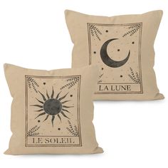 two pillows with the words la lune and an image of a crescent on them