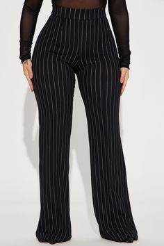 Available In Black/White And Ivory/combo. High Waist Back Zipper Wide Leg Flare Pant Stretch Pleated Disclaimer: Stripe Placement Will Vary 95% Polyester 5% Spandex Imported | Victoria High Waisted Dress Pant Pinstripe in Black/White size 3X by Fashion Nova Black Striped Pants Outfit, Pinstripe Pants Outfit, Pinstripe Pants Women, Stripe Pants Outfit, High Waisted Dress, White Pants Outfit, High Waisted Dress Pants, Black And White Pants, Waisted Dress