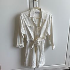 Never Worn! Zara White Button Down Dress With Tie! Thicker Material So Not See Through More Of A Creme White Button-up Shirt Dress With Tie Waist For Day Out, White Long Sleeve Shirt Dress With Buttons, Long Sleeve White Shirt Dress With Buttons, Casual White Shirt Dress With Buttons, Casual White Collared Shirt Dress, White Long Sleeve Shirt Dress With Button Closure, Casual Mini Shirt Dress With Tie Waist, Casual Cotton Shirt Dress For Brunch, Casual Collared Mini Dress For Brunch