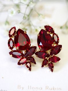 Ruby Earrings, Ruby Red Bridal Bridesmaids Swarovski Cluster Earrings by iloniti  #ruby, #earrings, #jewelry, #bridal, #Jewelry, #swarovski Luxury Ruby Earrings With Gemstone Accents, Red Clip-on Earrings For Anniversary, Red Clip-on Earrings For Wedding, Red Cluster Earrings For Formal Events, Elegant Red Cluster Earrings, Ruby Earrings For Valentine's Day Wedding, Red Clip-on Earrings For Formal Occasions, Red Crystal Earrings For Anniversary, Elegant Red Cluster Earrings For Wedding