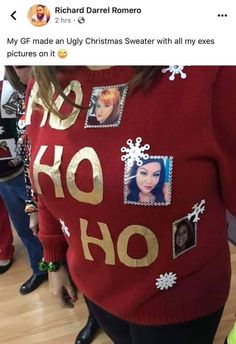 a woman wearing a ugly christmas sweater with pictures on it