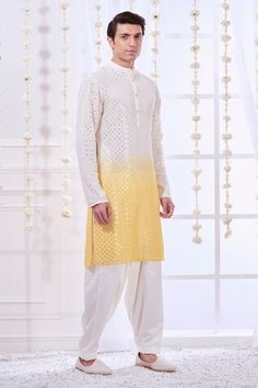 Yellow ombre straight kurta with tonal chikankari embroidery highlighted with mirror like work. Comes with solid pyjama. - Aza Fashions Cutwork Kurta For Eid, Designer Cutwork Kurta For Eid, Designer Wear Kurta With Cutwork For Eid, Eid Cutwork Straight Kurta, Festive Designer Wear Kurta With Cutwork, Designer Diwali Kurta With Cutwork, Eid Festive Traditional Wear With Cutwork, Designer Traditional Kurta With Cutwork, Designer Wear Diwali Kurta With Cutwork