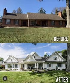 before and after pictures of a house in the suburbs, with grass lawning on both sides