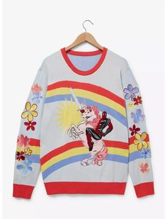 Add some color to your hero wardrobe with this Deadpool sweater! Featuring an applique of the mercenary riding a unicorn on the front, the sleeves include embroidered flower patches. With rainbow and sun patterns across the front, this sweater is perfect for your next Marvel watch party. Deadpool Clothes, Sun Patterns, Stitch Halloween Costume, Marvel Merch, Riding A Unicorn, Vinyl Figures Toys, Marvel Comics Deadpool, Epic Clothing, Unicorn Sweater