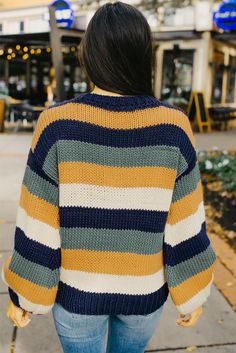 Blue Striped Puff Sleeve Knitted Pullover Sweater Blue Cropped Sweater With Ribbed Cuffs For Fall, Fall Striped Cable Knit Sweater, White Bodycon Dress, Comfortable Sweater, The Drop, Yellow Sweater, Knitted Pullover Sweaters, Striped Sweater, Long Sleeve Mini Dress