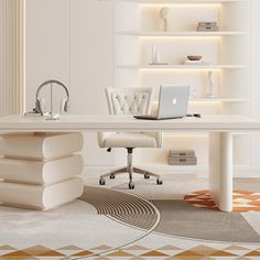 a white desk with a laptop and headphones on it in front of a bookshelf