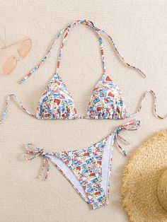 Multicolor Cute,Boho Collar   Floral,Plants,Ditsy Floral,All Over Print  Embellished High Stretch  Women Clothing Summer Bikinis Shein, Cheap Beachy Printed Swimwear, Beachy Floral Print Swimwear For Festival, Cute Flower Bikinis, Beachy Floral Print Festival Swimwear, Cute Bikinis, Summer Goals, Autumn Aesthetic, Ditsy Floral