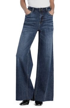 Raw hems refresh the retro style of elongating wide-leg jeans crafted from faded low-stretch denim. 32" inseam; 23" leg opening; 10 1/4" front rise Zip fly with button closure Five-pocket style 67% cotton, 27% REPREVE® recycled polyester, 5% rayon, 1% spandex REPREVE recycled polyester is made from 100% post-consumer recycled plastic bottles Machine wash, tumble dry Imported High Waist Wide Leg Jeans, Wide Jeans, Country Outfits, High Waisted Denim, Primavera Estate, Bottoms Pants, Denim Fashion, Wide Leg Jeans, Autumn Winter Fashion