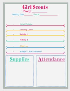 the girl scout's troop worksheet is shown in pink, green and blue