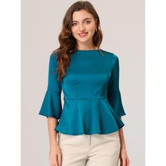 Simple, vintage, and delicate, this blouse features a round neck, bow tie waist, keyhole back, wrap, 3/4 sleeve, and flare sleeve. A good option for your next social gathering. Add a design-led edge to your workwear look with this bow tie waist blouse. Adorned with a bow tie waist, simply add tailored trousers, a pencil skirt, and point-toe heels for a smart business finish. Suitable for wedding day festivities, Home, traveling, parties, casual, business, office, coffee shop, etc. Elegant Solid Color Top With 3/4 Sleeves, Elegant Fitted Peplum Top For Brunch, Chic Formal Top With 3/4 Sleeves, Elegant Blue Half Sleeve Top, Fitted Half Sleeve Top For Formal Occasions, Blue Fitted Half-sleeve Blouse, Elegant Tops For Workwear With 3/4 Sleeves, Elegant Office Tops With 3/4 Sleeves, Elegant 3/4 Sleeve Tops For Work