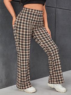 Style:Casual \nColor:Red \nPattern Type:Plaid \nWaist Line:Natural \nFit Type:Regular Fit \nType:Flare Leg \nTemperature:Spring/Fall (18-25℃/63-77℉) \nLength:Long \nFabric:Medium Stretch \nMaterial:Knitted Fabric \nComposition:95% Polyester \nComposition:5% Elastane \nCare Instructions:Machine wash or professional dry clean \nBody:Unlined \nSheer:No \n Loose Fit Trousers, Colorblock Pants, Cute Pants, Flare Leg Pants, Plus Size Pants, Fitted Trousers, Type Of Pants, Plaid Print, Plus Size Casual