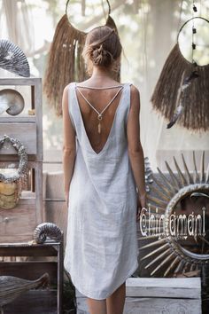 Backless Linen Tunic Dress for Women / Grey Blue Linen Dress Outfit, Linen Chic, Grey Linen Dress, Burning Men, Beach Sundress, Linen Tunic Dress, Asymmetrical Midi Dress, Women Gathering, Linen Dress Women