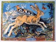 a painting of two birds and a rabbit in the grass with butterflies flying around them