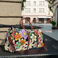 Retro hippie flowers Waterproof Travel Bag, colorful travel luggage, ladies travel gift, PU leather, vintage retro design, carry on, holiday, vacation, overnight bag This personalized travel bag is all about style. Made with high-grade waterproof fabric, it's a highly durable means of transferring your essentials wherever you go. With multiple compartments, a resilient carrying handle, and an adjustable shoulder strap, it's the perfect companion for all your adventures.  .: High-grade nylon mate Rectangular Travel Bag With Floral Print, Multicolor Large Capacity Travel Bag For Daily Use, Multicolor Travel Accessories With Luggage Sleeve For Overnight Trips, Green Floral Print Travel Bag, Travel Accessories With Luggage Sleeve For Overnight Trips, Vintage Rectangular Weekender Bag For Weekend Trips, Colorful Large Capacity Bags For Travel, Multicolor Tote Travel Bag For Overnight Trips, Multicolor Travel Bag With Luggage Sleeve For Trip