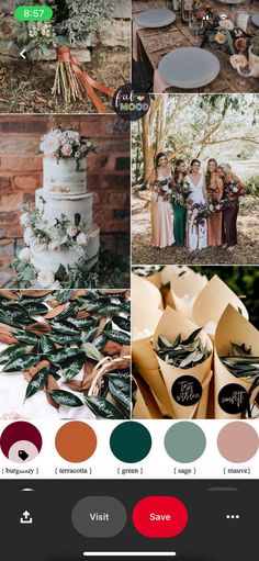 the wedding color scheme is green, brown and white with some greenery on it