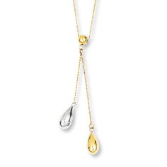 Teardrops of 14K white and yellow gold dangle from a chain of 14K yellow gold in this chic necklace for her. The chain measures 18 inches and fastens with a spring ring clasp. Buy Gold Jewelry, Gold Stock, Jewelry Education, Jewelry Advice, Jared The Galleria Of Jewelry, Necklace For Her, Chic Necklace, Teardrop Necklace, Accessories Jewelry Necklace