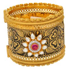 Our 22K Antique Gold Jasmit Bangle Set has a rustic, antique gold finish, floral details, and radianting kundan and rubies that add a gleaming finish. Features: • 22k yellow gold • Antique finish • Rubies • Kundan stones • Pin screw closure • Set of two banglesIf you're looking for quality 22k gold bangles then look no further than Virani Jewelers! Our gorgeous 22k gold bangles have one of a kind details and stunning accents that you'll have to see to believe. Whether you're shopping for gold je Yellow Gold Kundan Bangle With Intricate Design, Traditional 22k Gold Bracelet With Intricate Design, Luxury Gold Bangle For Festive Occasions, Traditional 22k Gold Bracelet For Festive Season, Traditional 22k Gold Festive Bracelet, Traditional Kundan Bracelet In Yellow Gold, Traditional Kundan Yellow Gold Bracelet, Traditional Gold Bracelet For Formal Festivals, 22k Gold Bangles