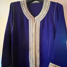 Moroccan Authentic Hand Made Caftan In A Chic Classy Blue- Comes With Gold Belt. Size M/L Will Fit A Small Blue Long Kaftan For Festive Occasions, Elegant Blue Kaftan With Zari Work, Elegant Blue Kaftan For Festive Occasions, Festive Long Blue Kaftan, Elegant Blue Long Sleeve Kurta, Elegant Blue Festive Kaftan, Elegant Long Sleeve Blue Kurta, Festive Long Sleeve Blue Kaftan, Festive Blue Long Sleeve Kaftan