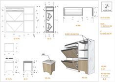 the drawing shows an open refrigerator with its doors and drawers, as well as other drawings