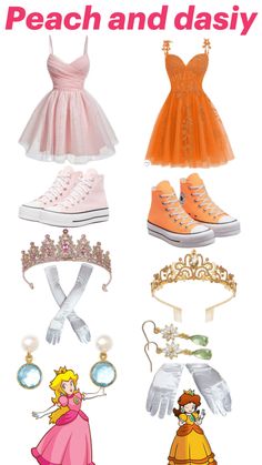 the princess peach and daisy costume is shown with other items on it, including shoes, tia