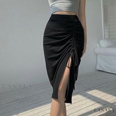 Lasaky - Seductive High-Waisted Skirt with Ruched Design, Drawstring and Side Slit for a Sensuous Look Denim Pleated Skirt, Pleated Denim Skirt, High Waisted Pleated Skirt, High Waisted Pencil Skirt, Wrap Around Skirt, Embroidered Maxi Dress, High Waist Dress, Mermaid Skirt, Work Wear Women