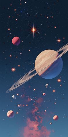 an artist's rendering of planets floating in the sky