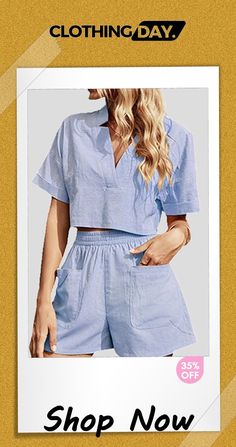 V Neck Crop Blouse Pockets Shorts Set