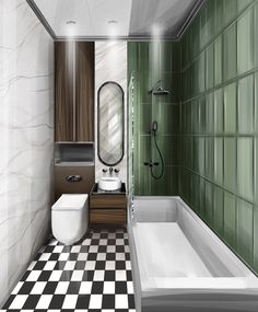 a bathroom with green and white tiles on the walls, flooring and bathtub