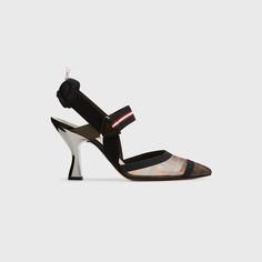 Fendi pumps in fabric, satin and FF-embossed mesh. 3.3" metal block heel. Pointed capped toe. Slip-on style. Cushioned slingback strap. Pull-tab at back. Leather lining. Smooth outsole. "Colibri" is made in Italy. Summer Evening Open Toe Heels With Rubber Heel Cap, Modern Slingback Pumps With Contrasting Heel For Party, Modern Slingback Pumps With Contrasting Heel For Evening, Modern Evening Heels With Rubber Heel Cap, Designer Block Heel Slingback Pumps For Evening, Designer Evening Slingback Pumps With Block Heel, Chic Evening Heels With Rubber Heel Cap, Designer Block Heel Slingback Pumps For Party, Designer Slingback Pumps With Block Heel For Party