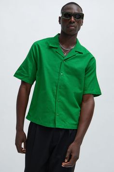 Show Up Short Sleeve Cuban Shirt - Green | Fashion Nova, Mens Shirts | Fashion Nova Classic Green Collared Short Sleeve Shirt, Relaxed Fit Green Shirt With Button Closure, Green Short Sleeve Tops With Button Closure, Green Relaxed Fit Shirt With Button Closure, Green Cotton Button-up Tops, Green Short Sleeve Top With Button Closure, Green Top With Relaxed Fit And Spread Collar, Green Camp Collar Top With Button Closure, Green Relaxed Button-up Top