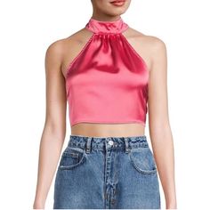 New With Tags Layered Outfit, Cropped Pink, Pink Halter Top, We Wore What, Bandeau Crop Top, Denim Crop Top, Cropped Crewneck, Ruffle Crop Top, Poplin Top