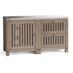 the sideboard is made out of wood and has shutters on each side,