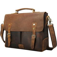 HIGH QUALITY MATERIAL: Superior cowhide crazy horse leather, handcrafted by artisans working with leather for decades to ensure long lasting durability, which most suit for those who want a business work bag.GREAT SIZE FOR CASUAL AND WORK: Dimension of the bag is about 11(H)*13.8L)*4(W)inch, designed to carry most 14-i Rugged Satchel Business Briefcase, Rugged Satchel Briefcase For Business, Rugged Satchel Briefcase For Daily Use, Rugged Leather Satchel Laptop Bag, Rugged Brown Leather Laptop Bag, Rugged Satchel Laptop Bag For Everyday Use, Business Laptop Bag With Waxed Finish Satchel, Business Laptop Satchel With Waxed Finish, Business Laptop Bag With Waxed Finish